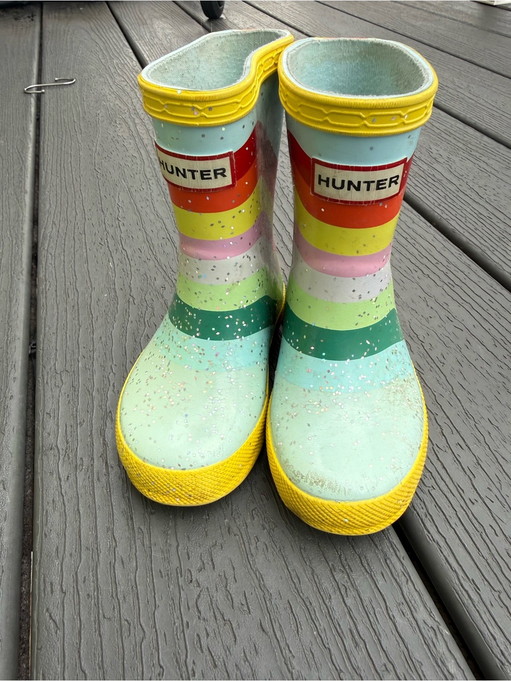 Hunter Kids Multicolor Striped Rain Boots with Yellow Trim